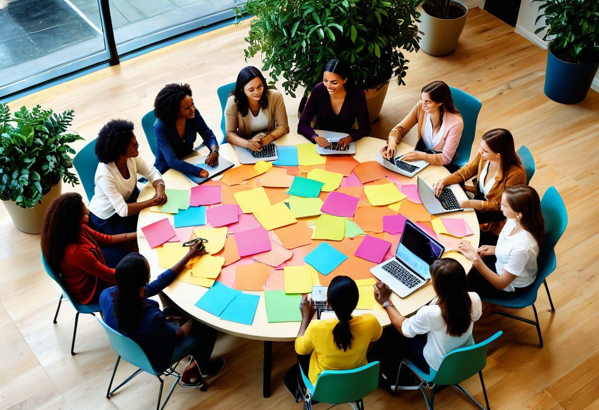 A vibrant scene depicting diverse women collaborating around a large circular table, sharing laptops and coffee, with smiles and open body language. Background shows colorful sticky notes and plants, symbolizing creativity and growth. Soft warm lighting enhances the feeling of community and support. super-realistic. vibrant colors. cozy atmosphere.