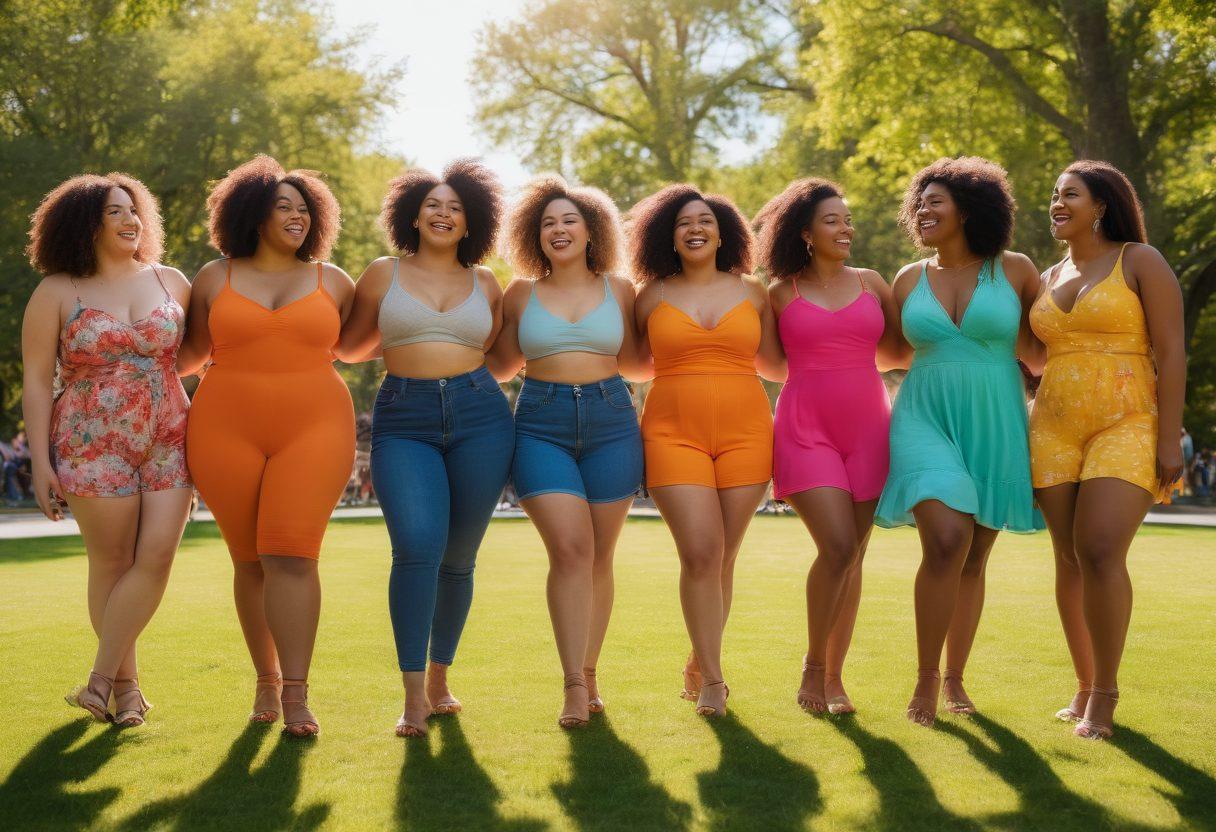 A diverse group of individuals of varying body types joyfully sharing their personal stories in a sunlit park setting, each person expressing confidence, happiness, and empowerment. Lively colors and dynamic poses should convey positivity and inclusion, with background elements like blooming flowers and supportive friends listening attentively. Capture the essence of body positivity and community. vibrant colors. super-realistic.