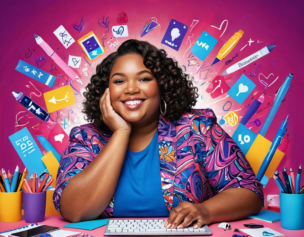 A confident plus-size woman standing tall with a radiant smile, surrounded by colorful blog-related icons like pens, keyboards, and social media symbols. The background features a stylish, abstract pattern that represents femininity and empowerment, with vibrant hues of pink, purple, and blue. Natural lighting highlighting her joyful expression, depicting a sense of community and strength. super-realistic. vibrant colors. modern illustration.